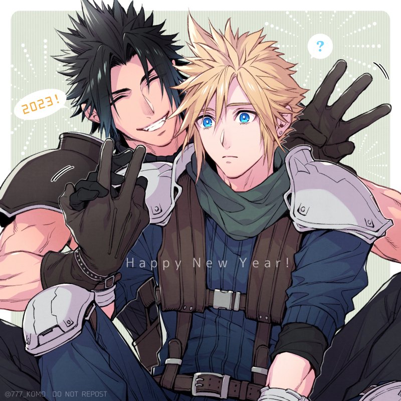 2023, 2boys, 777_komo, ?, armor, belt, between_legs, black_gloves, black_hair, black_shirt, blonde_hair, blue_eyes, blue_pants, blue_shirt, brown_belt, brown_gloves, closed_eyes, cloud_strife, crisis_core:_final_fantasy_vii, earrings, final_fantasy, final_fantasy_vii, gloves, green_background, green_scarf, grin, hair_between_eyes, hair_slicked_back, hand_between_legs, harness, holding_hands, jewelry, knee_pads, male_focus, multiple_boys, pants, parted_bangs, scarf, shinra_infantry_uniform, shirt, short_hair, shoulder_armor, single_earring, sitting, sleeveless, sleeveless_turtleneck, sleeves_rolled_up, smile, spiked_hair, square_enix, suspenders, teeth, toned, toned_male, turtleneck, twitter_username, yaoi, zack_fair