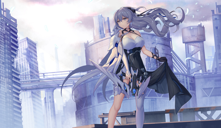 1girl, absurdres, aged_up, armor, black_dress, black_gloves, black_ribbon, breasts