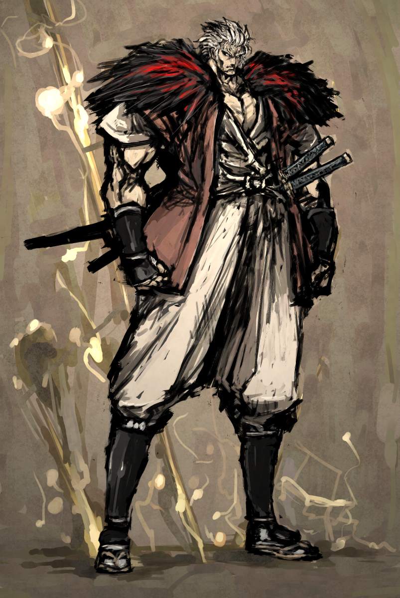 1boy, highres, isurugi_raijuta, male_focus, manly, moto_murabito, muscular, rurouni_kenshin, solo, sword, traditional_media, weapon