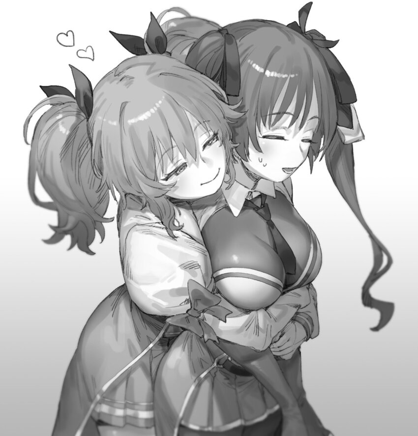 2girls, assault_lily, belt, between_breasts, blurry, breasts, closed_eyes, closed_mouth, clothes_between_breasts, collared_shirt, commentary, cowboy_shot, depth_of_field, elbow_gloves, from_side, gloves, gradient_background, grey_background, greyscale, hair_between_eyes, hair_ribbon, half-closed_eyes, heads_together, heart, highres, hishida_haru, hug, hug_from_behind, juliet_sleeves, light_blush, long_hair, long_sleeves, looking_at_another, lower_teeth_only, medium_breasts, medium_hair, miniskirt, monochrome, multiple_girls, necktie, necktie_between_breasts, odaiba_girls_high_school_uniform, pantyhose, parted_lips, pleated_skirt, puffy_sleeves, ribbon, school_uniform, shirt, short_twintails, skirt, sleeve_bow, smile, standing, suzuki_chinami, sweatdrop, teeth, tori_udon, twintails, waist_cape, white_background, yuri