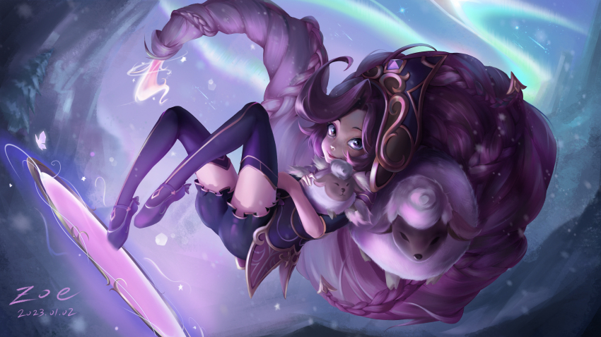 1girl, absurdres, animal, ass, braid, character_name, closed_mouth, commentary_request, dated, glowing, highres, holding, holding_animal, league_of_legends, long_hair, multicolored_background, official_alternate_costume, portal_(object), purple_shorts, purple_thighhighs, red_hair, sheep, short_sleeves, shorts, smile, solo, thighhighs, very_long_hair, winterblessed_zoe, zoe_(league_of_legends), zoeqwq