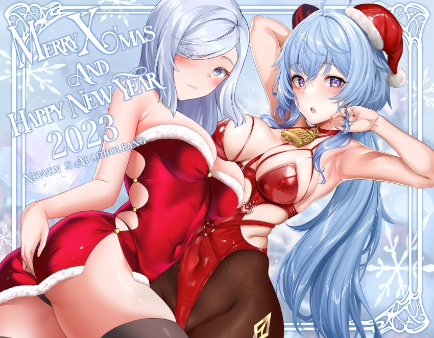 2girls, ahoge, alcoholrang, aqua_eyes, armpits, arms_up, artist_collaboration, ass, bare_shoulders, bell, black_panties, blue_hair, blush, breast_press, breasts, brown_pantyhose, christmas, cleavage, clothing_cutout, covered_erect_nipples, covered_navel, ganyu_(genshin_impact), genshin_impact, gradient_eyes, grey_hair, hair_over_one_eye, highres, horn_ornament, horns, jewelry, large_breasts, latex, latex_leotard, leotard, long_hair, looking_at_viewer, medium_breasts, multicolored_eyes, multiple_girls, neck_bell, nevven, new_year, open_mouth, panties, pantyhose, purple_eyes, red_leotard, shenhe_(genshin_impact), sidelocks, symmetrical_docking, thighlet, thighs, underwear, very_long_hair