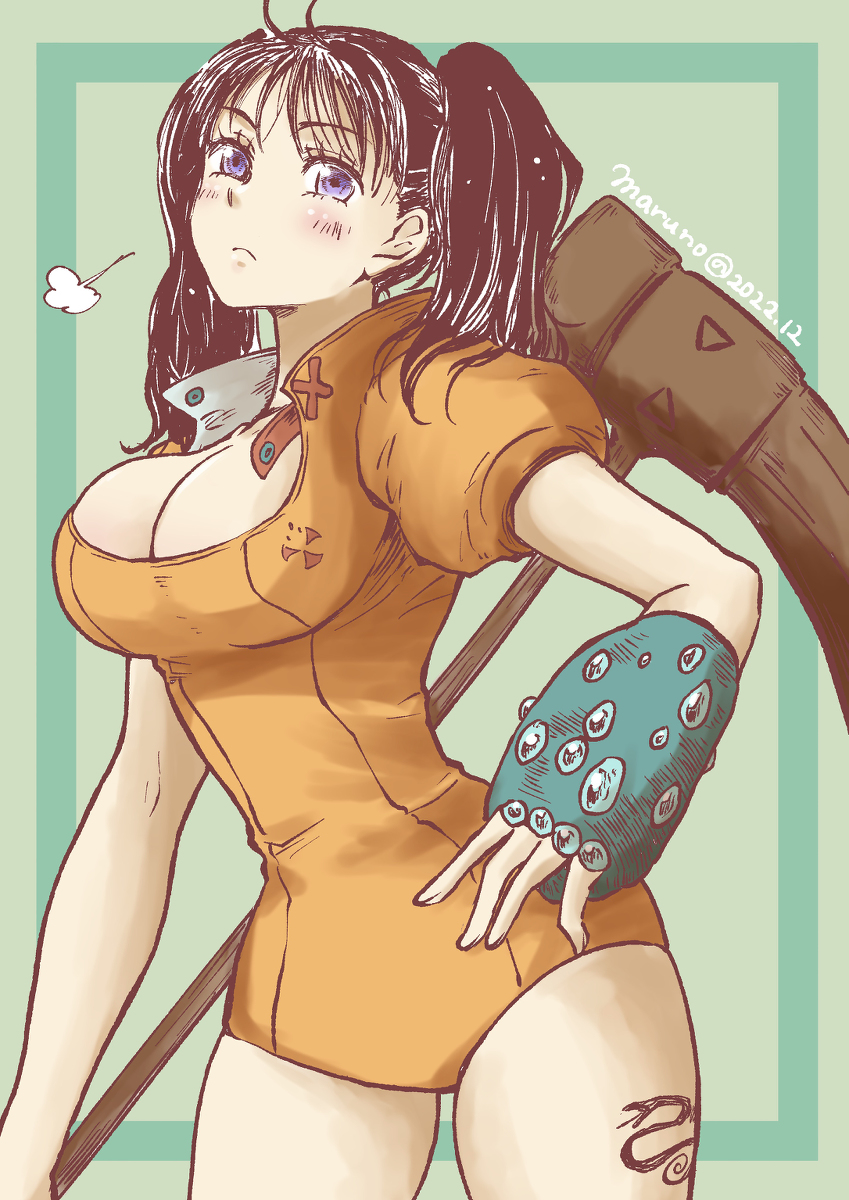 1girl, breasts, brown_hair, cleavage, diane_(nanatsu_no_taizai), giant, giantess, hammer, highres, large_breasts, leotard, long_hair, maruno, nanatsu_no_taizai, short_sleeves, twintails