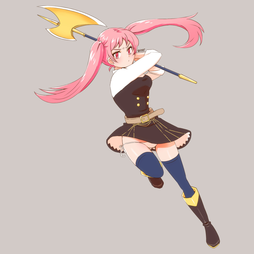 1girl, 245_15277297, artist_name, axe, black_coat, black_dress, blue_thighhighs, boots, breasts, brown_boots, coat, dress, fire_emblem, fire_emblem:_three_houses, garreg_mach_monastery_uniform, grey_background, highres, hilda_valentine_goneril, holding, holding_axe, holding_weapon, large_breasts, long_hair, long_sleeves, nintendo, panties, pink_eyes, pink_hair, shirt, side-tie_panties, simple_background, solo, thighhighs, twintails, underwear, weapon, white_panties, white_shirt