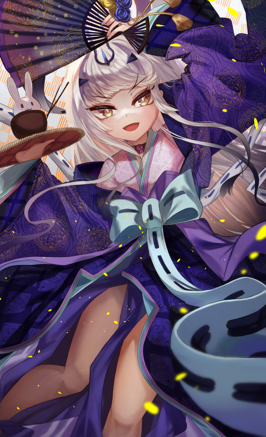 1girl, 2023, absurdres, arm_up, bare_legs, blue_bow, blue_kimono, blue_ribbon, bow, bowl, choker, chopsticks, commentary, dated_commentary, fairy_knight_lancelot_(dream_portrait)_(fate), fate/grand_order, fate_(series), feet_out_of_frame, forked_eyebrows, grey_hair, hand_fan, hand_up, highres, holding, holding_fan, holding_tray, japanese_clothes, karaginu_mo, kimono, layered_clothes, layered_kimono, long_hair, long_sleeves, looking_at_viewer, m0_chi, melusine_(dream_portrait)_(fate), melusine_(fate), multicolored_kimono, open_mouth, paper_fan, patterned_clothing, purple_choker, purple_kimono, rabbit, ribbon, sash, sidelocks, smile, solo, tray, wide_sleeves, yellow_eyes