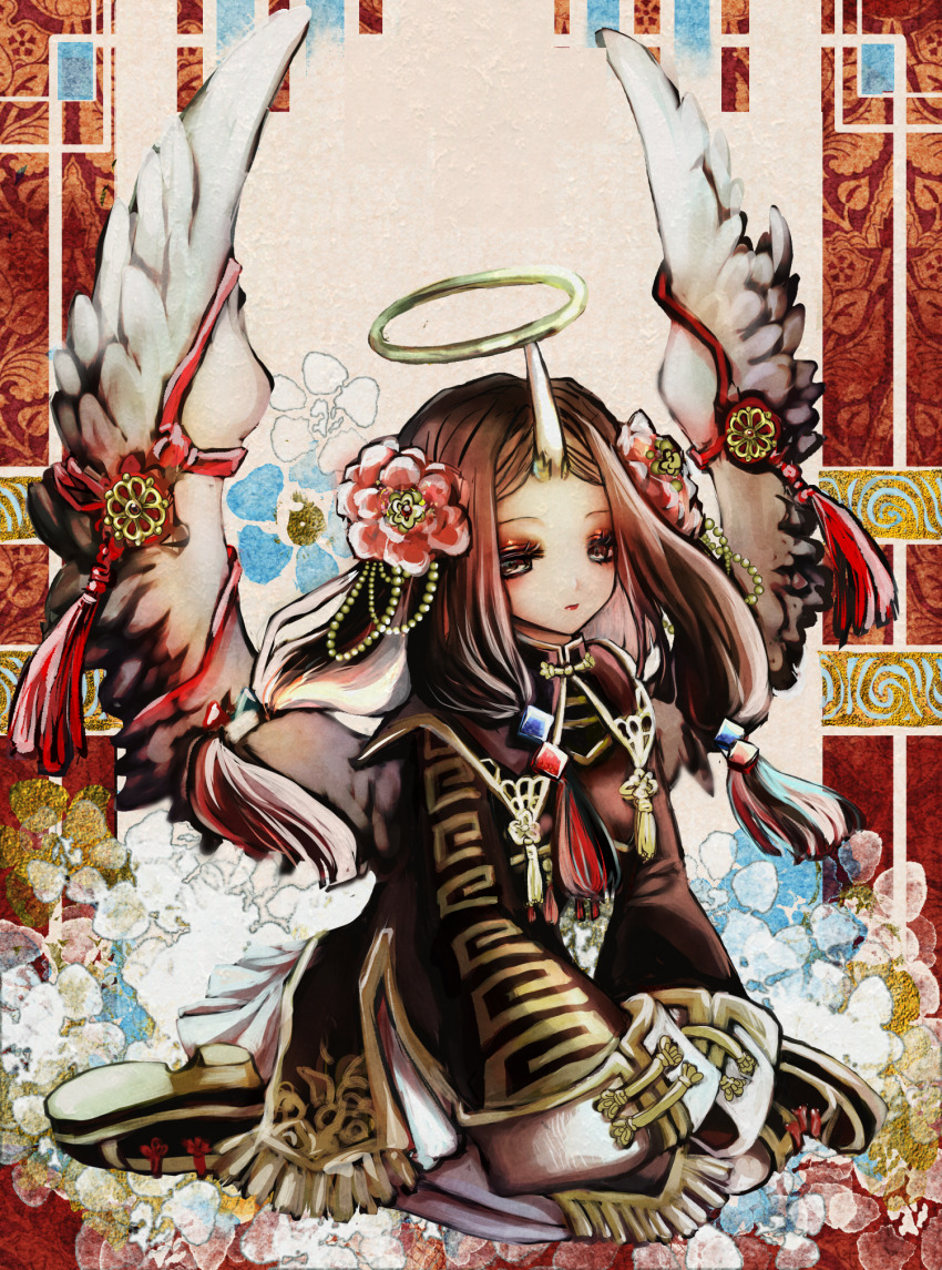 1girl, angel_wings, brown_hair, east_asian, eyelashes, eyeshadow, flower, hair_flower, hair_ornament, halo, highres, horns, kneeling, long_hair, long_sleeves, makeup, nokkoman, original, shoes, single_horn, solo, traditional_halo, white_wings, wings