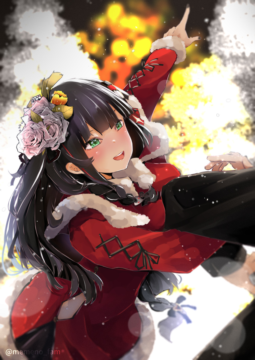 1girl, 1other, :d, absurdres, black_hair, blush, christmas, dress