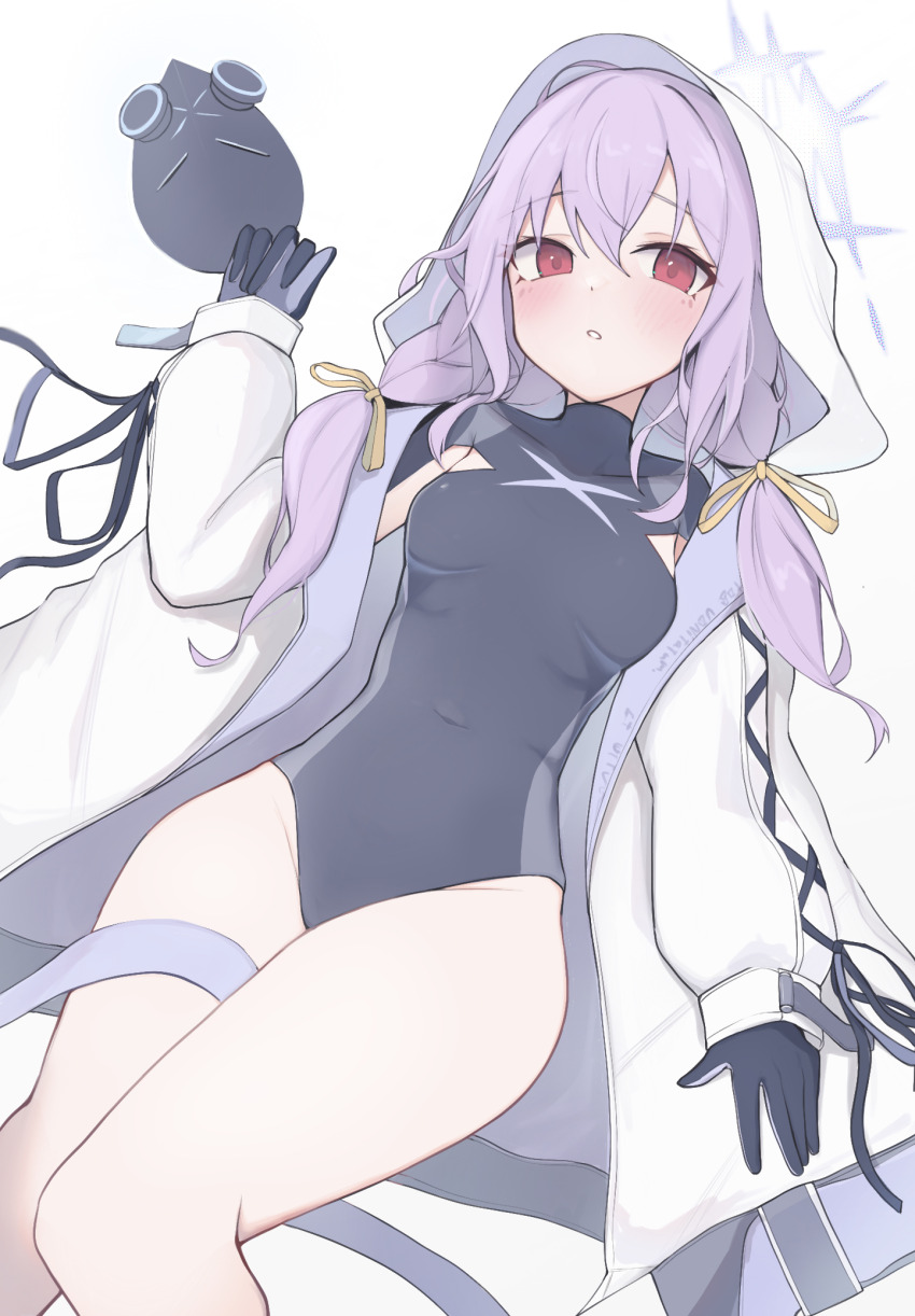 atsuko_(blue_archive), bare_legs, blue_archive, blue_gloves, blue_leotard, blush, breasts, commentary_request, covered_navel, gas_mask, gloves, halo, highres, hood, jacket, leotard, light_purple_hair, looking_at_viewer, low_twintails, lying, mask, unworn_mask, matchadzuke, medium_breasts, medium_hair, on_back, red_eyes, sidelocks, simple_background, thighs, twintails, white_background, white_hood, white_jacket