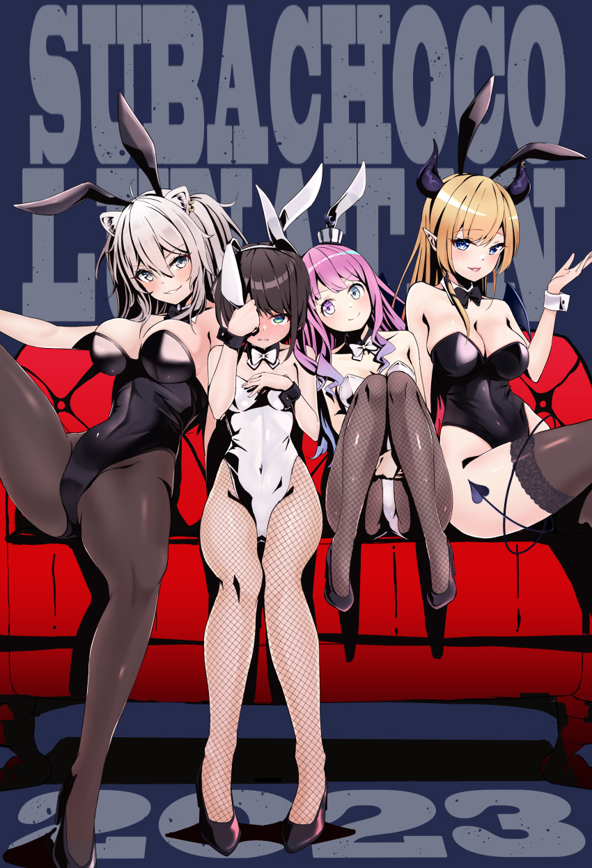 2023, 4girls, 5to_rai, absurdres, animal_ears, black_hair, black_leotard, blonde_hair, blush, bow, bowtie, breasts, cleavage, couch, demon_girl, demon_horns, demon_tail, detached_collar, fake_animal_ears, fishnet_pantyhose, fishnet_thighhighs, fishnets, grey_hair, heterochromia, highres, himemori_luna, hololive, horns, large_breasts, leotard, lion_ears, lion_girl, long_hair, medium_breasts, multicolored_hair, multiple_girls, oozora_subaru, pantyhose, pink_hair, playboy_bunny, pointy_ears, purple_eyes, rabbit_ears, shishiro_botan, short_hair, small_breasts, strapless, strapless_leotard, swept_bangs, tail, thighhighs, virtual_youtuber, wrist_cuffs, yuzuki_choco