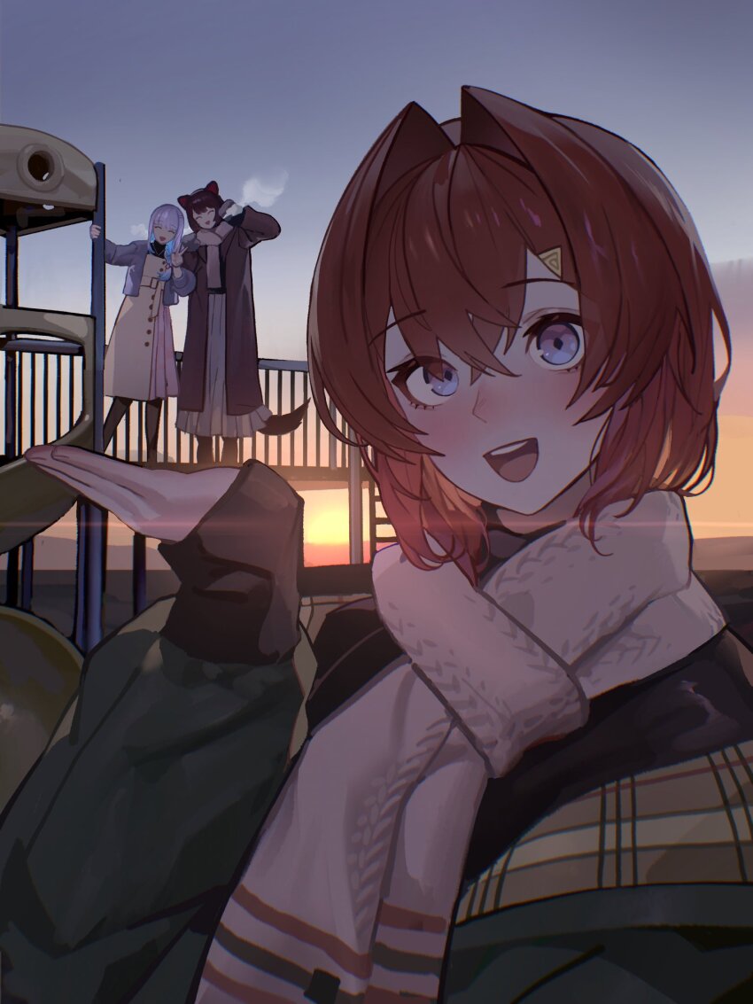 3girls, ange_katrina, animal_ears, backlighting, blue_eyes, blush, brown_hair, closed_eyes