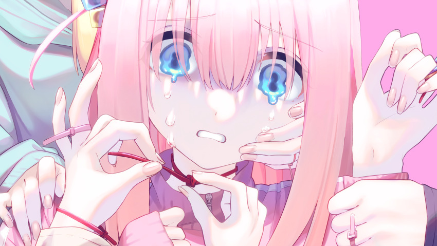 4girls, absurdres, blue_eyes, bocchi_the_rock!, cable_tie, close-up, commentary, crying, crying_with_eyes_open, cube_hair_ornament, gotoh_hitori, hair_ornament, hand_on_another's_face, hand_on_another's_shoulder, highres, holding_another's_wrist, ijichi_nijika, jacket, kita_ikuyo, long_hair, long_sleeves, multiple_girls, one_side_up, parted_lips, pink_hair, pink_jacket, sleeves_past_wrists, solo_focus, tamayume, tears, track_jacket, wavy_eyes, yamada_ryo, yandere
