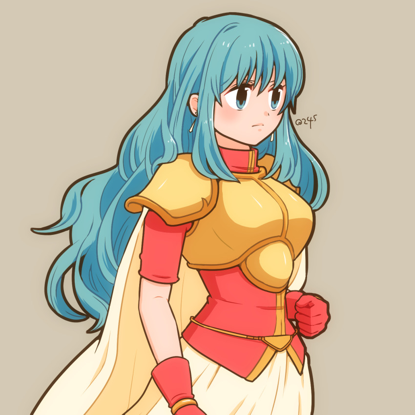 1girl, 245_15277297, aqua_hair, armor, artist_name, breastplate, cape, earrings, eirika_(fire_emblem), fire_emblem, fire_emblem:_the_sacred_stones, gloves, grey_background, highres, jewelry, long_hair, long_sleeves, nintendo, red_gloves, red_shirt, serious, shirt, simple_background, skirt, solo, upper_body, white_cape, white_skirt