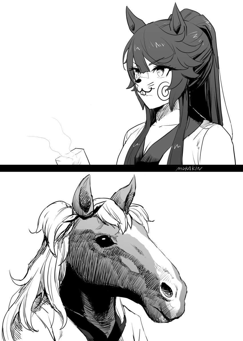 2girls, 2koma, absurdres, animal_ears, artist_name, bandaid, bandaid_on_face, comic, commentary_request, cosplay, greyscale, hagoita, high_ponytail, highres, holding, horse_ears, horse_girl, horse_head, ink_on_face, long_hair, mayano_top_gun_(racehorse), mayano_top_gun_(racehorse)_(cosplay), mayano_top_gun_(umamusume), monochrome, mukakin, multiple_girls, narita_brian_(umamusume), paddle, ponytail, realistic, sidelocks, silent_comic, smoke, two_side_up, umamusume