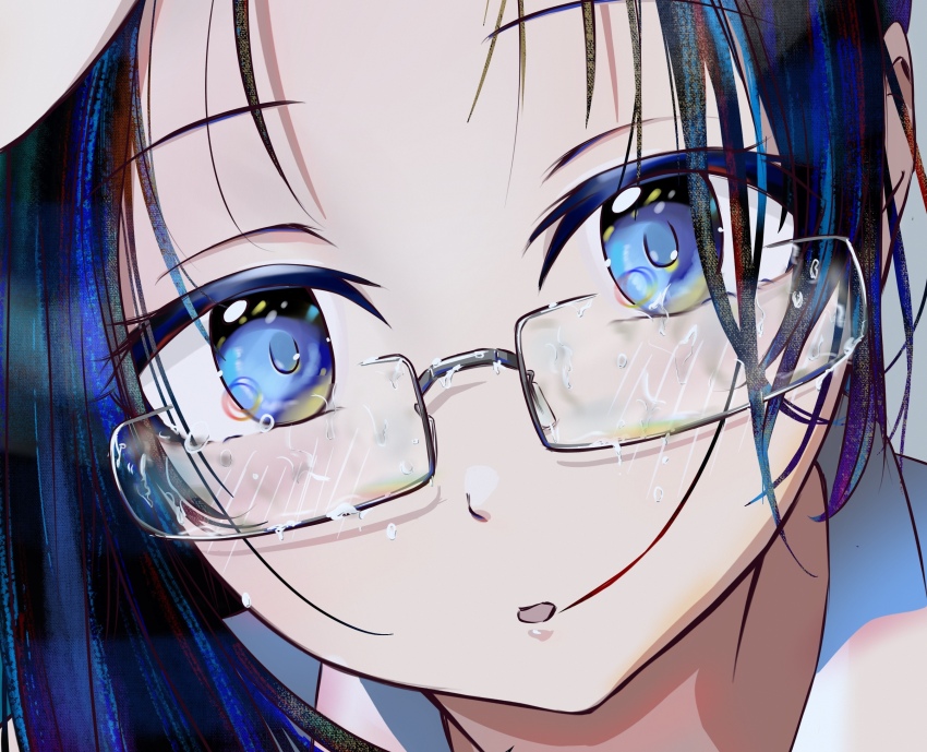 1girl, black_hair, blue_eyes, blue_hair, close-up, glasses, highres, mochiki_927, multicolored_hair, open_mouth, original, portrait, solo, streaked_hair, two-tone_hair, wet_eyewear