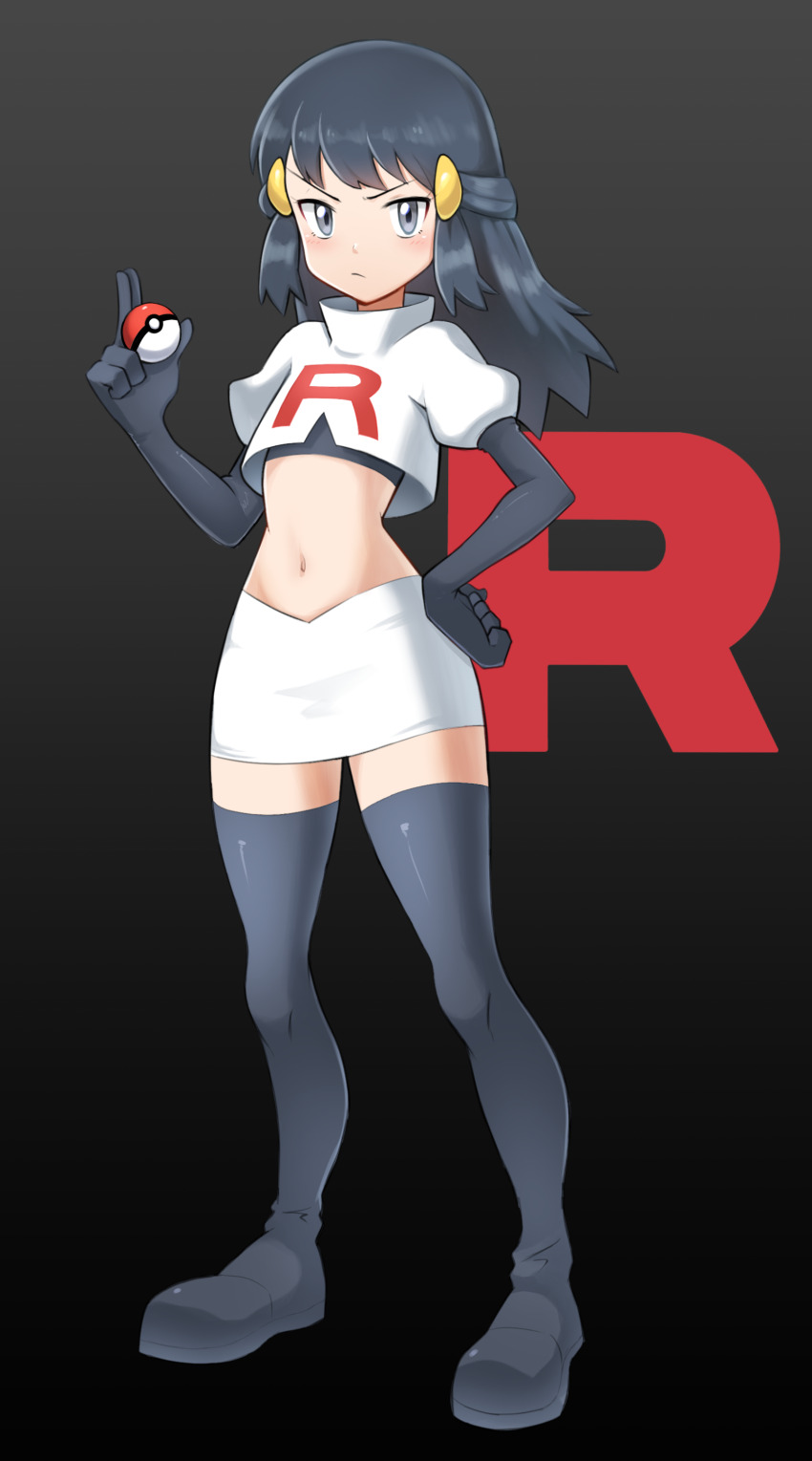 1girl, absurdres, black_background, black_boots, black_gloves, black_shirt, blue_hair, blush