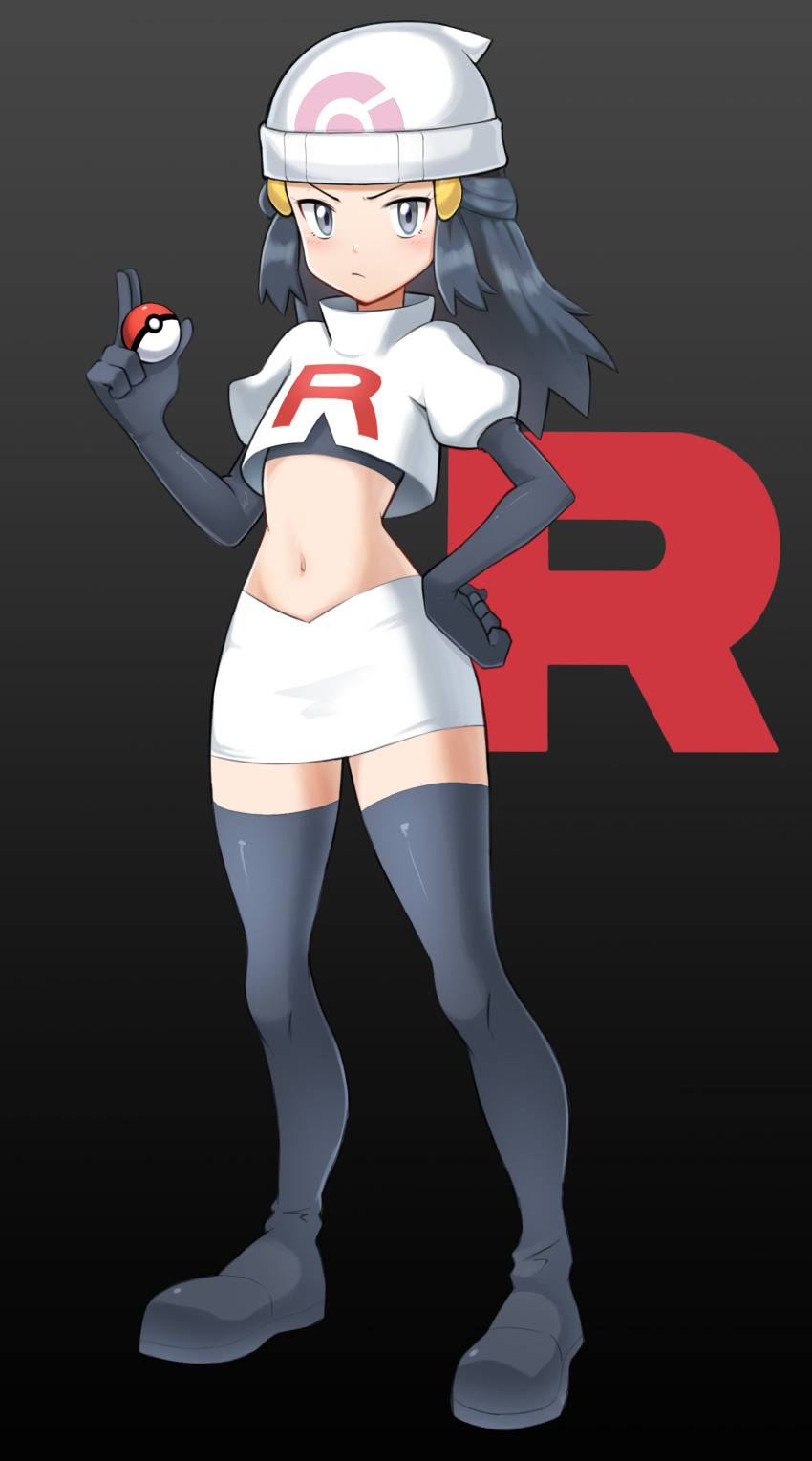 1girl, absurdres, black_background, black_boots, black_gloves, black_shirt, blue_hair, blush