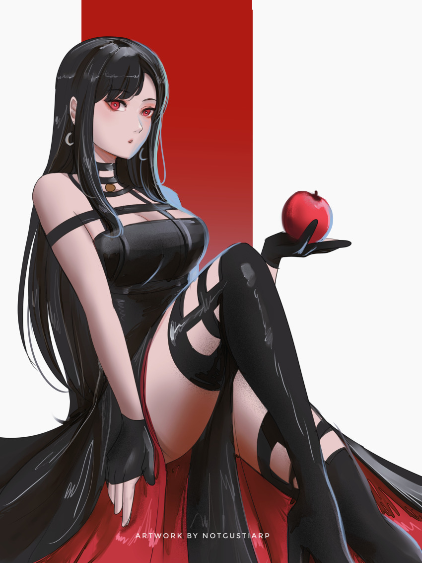 1girl, absurdres, apple, artist_name, asymmetrical_bangs, bare_shoulders, black_boots, black_dress