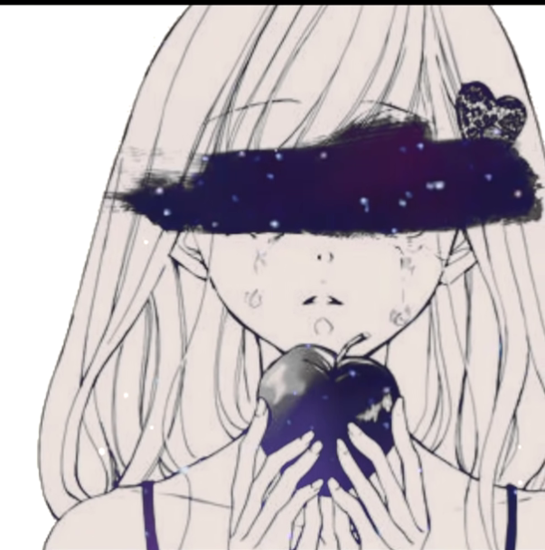 1girl, apple, covered_eyes, cropped, crying, food, fruit, hair_ornament, holding, holding_food, holding_fruit, long_hair, monochrome, non-web_source, solo, souda_ai, source_request, straight-on, tears, true_love, upper_body