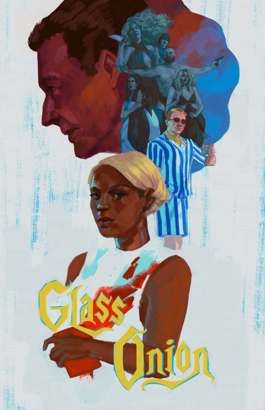 4boys, 5girls, bald, beard, benoit_blanc, birdie_jay, black_dress, black_hair, black_headwear, blonde_hair, blood, blood_on_clothes, breasts, claire_debella, cleavage, copyright_name, crossed_arms, cup, dress, duke_cody, facial_hair, finger_gun, glass_onion, gun, handgun, hat, helen_brand, highres, holding, holding_cup, holding_gun, holding_weapon, lionel_toussaint, long_hair, medium_breasts, miaiminnis, miles_bron, movie_poster_(medium), multiple_boys, multiple_girls, peg_(glass_onion), pistol, romper, shirt, small_breasts, striped_clothes, striped_shirt, sunglasses, topless_male, weapon, whiskey_(glass_onion), white_dress