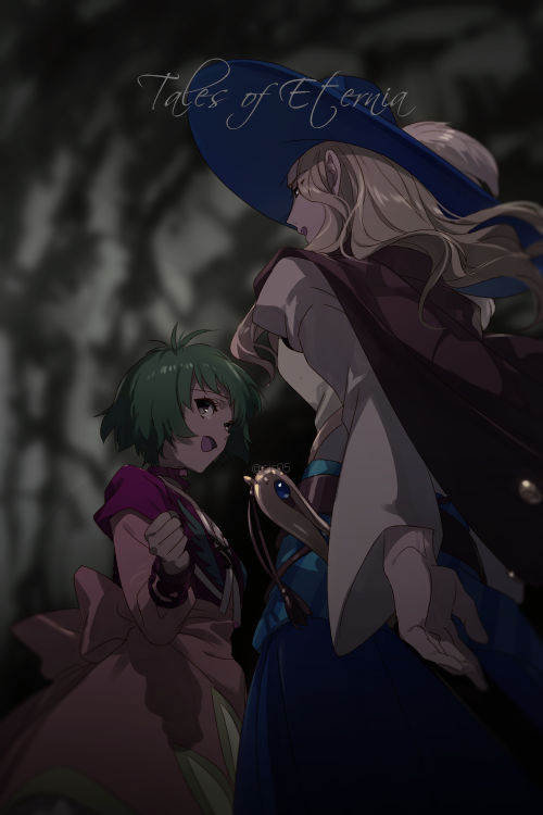 1boy, 1girl, blonde_hair, cape, cave, choker, dress, echo_(circa)