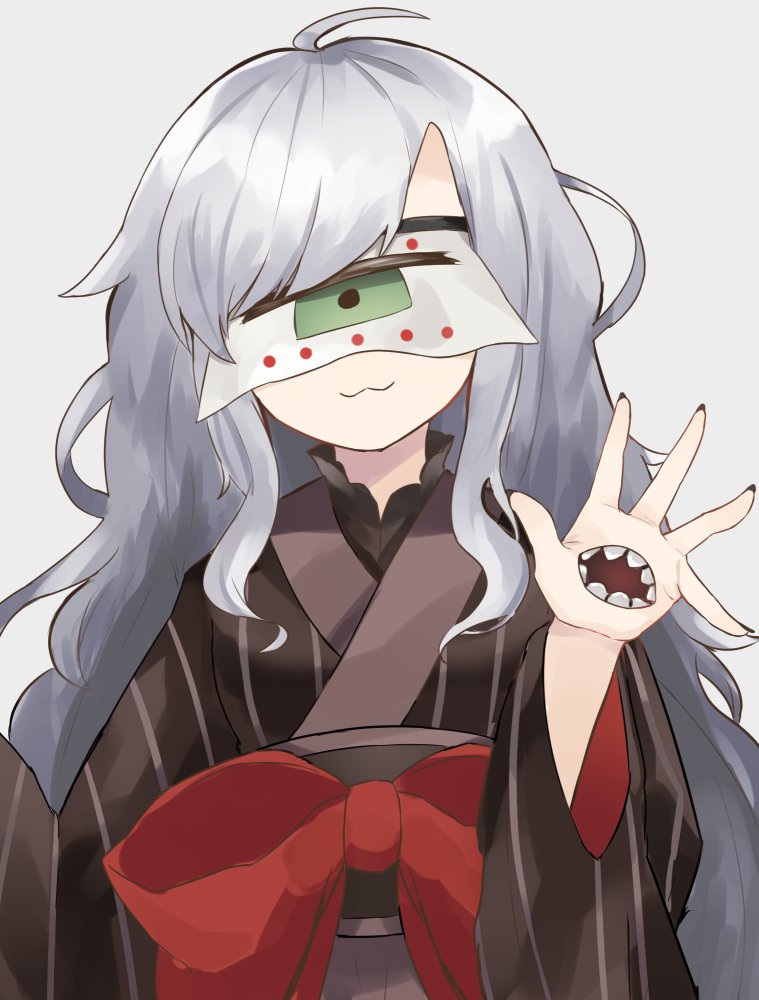 1girl, :3, ahoge, black_kimono, black_nails, bow, child, collar, covered_eyes, fingernails, frilled_collar, frills, green_eyes, hand_mouth, hands_up, head_tilt, horns, japanese_clothes, kimono, kuzuda_yone, long_hair, obi, one-eyed, oni, oni_horns, red_bow, rice_(okome_no_naru_ki), sash, sharp_fingernails, sharp_teeth, sidelocks, simple_background, solo, striped_clothes, striped_kimono, swept_bangs, teeth, upper_body, utau, waist_bow, wavy_hair, white_background, white_hair