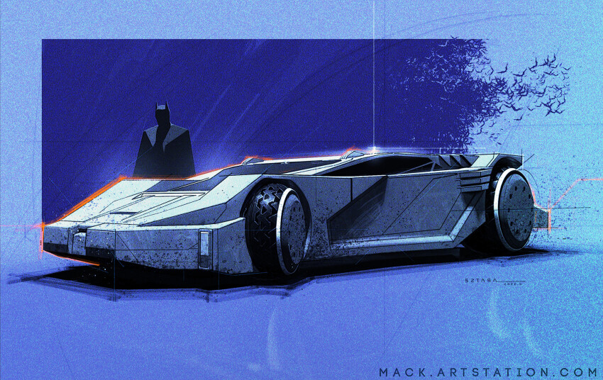 1boy, batman, batman_(series), batmobile, blue_background, blue_theme, car, commentary