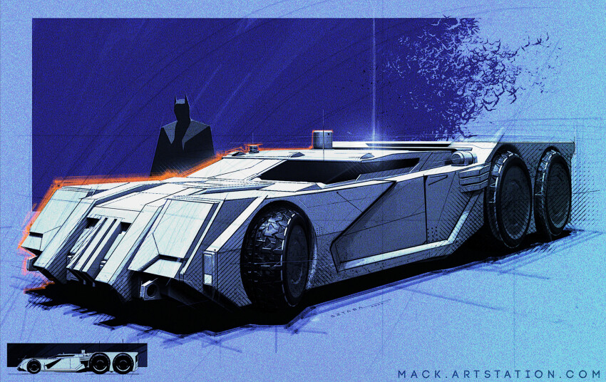 1boy, batman, batman_(series), batmobile, blue_background, blue_theme, car, commentary