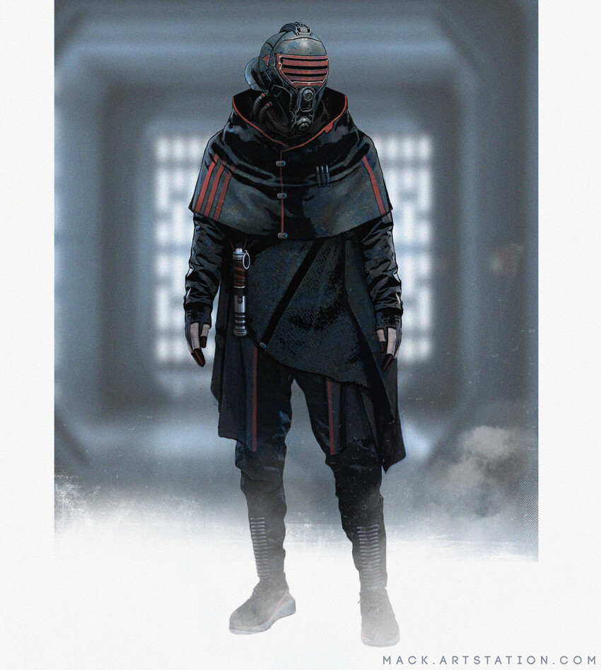 1other, ambiguous_gender, black_footwear, black_gloves, black_jacket, boots, cable, commentary, energy_sword, english_commentary, full_body, gloves, helmet, highres, holstered, jacket, lightsaber, looking_to_the_side, mack_sztaba, original, science_fiction, sith, star_wars, sword, watermark, weapon, web_address