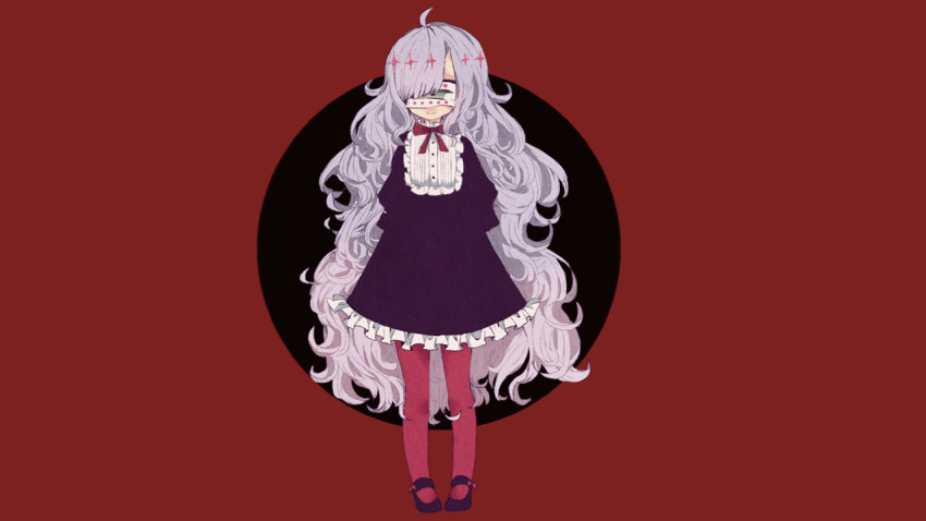 1girl, ahoge, arms_behind_back, black_circle, black_dress, bow, bowtie, child