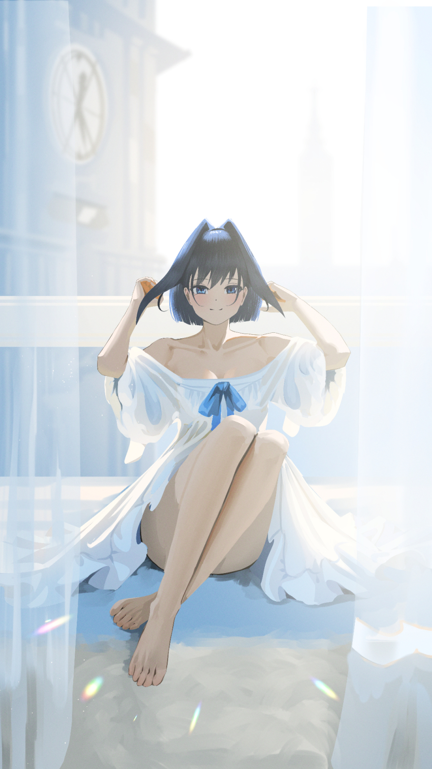 1girl, bare_legs, barefoot, black_hair, blue_eyes, blue_ribbon, blurry, blurry_background