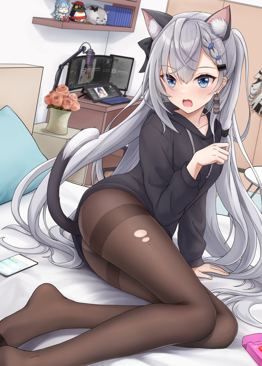 1girl, absurdres, animal_ear_fluff, animal_ears, bazo_(vestia_zeta), bed_sheet, bedroom, black_bow, black_sweater, blue_eyes, blush, bow, braid, breasts, brown_pantyhose, cat_ears, cat_girl, cat_tail, cellphone, collarbone, feet, foot_out_of_frame, grey_hair, hair_between_eyes, hair_bow, highres, hololive, hololive_english, hololive_indonesia, hood, hood_down, hooded_sweater, indoors, kaela_kovalskia_(penguin), kobo_kanaeru, legs, long_hair, looking_at_viewer, medium_breasts, ninomae_ina'nis, no_shoes, on_bed, open_mouth, panties, panties_under_pantyhose, pantyhose, phone, single_braid, sitting, smartphone, solo, sweater, tail, thighband_pantyhose, thighs, torn_clothes, torn_pantyhose, underwear, very_long_hair, vestia_zeta, virtual_youtuber, zeng$_(zwj)