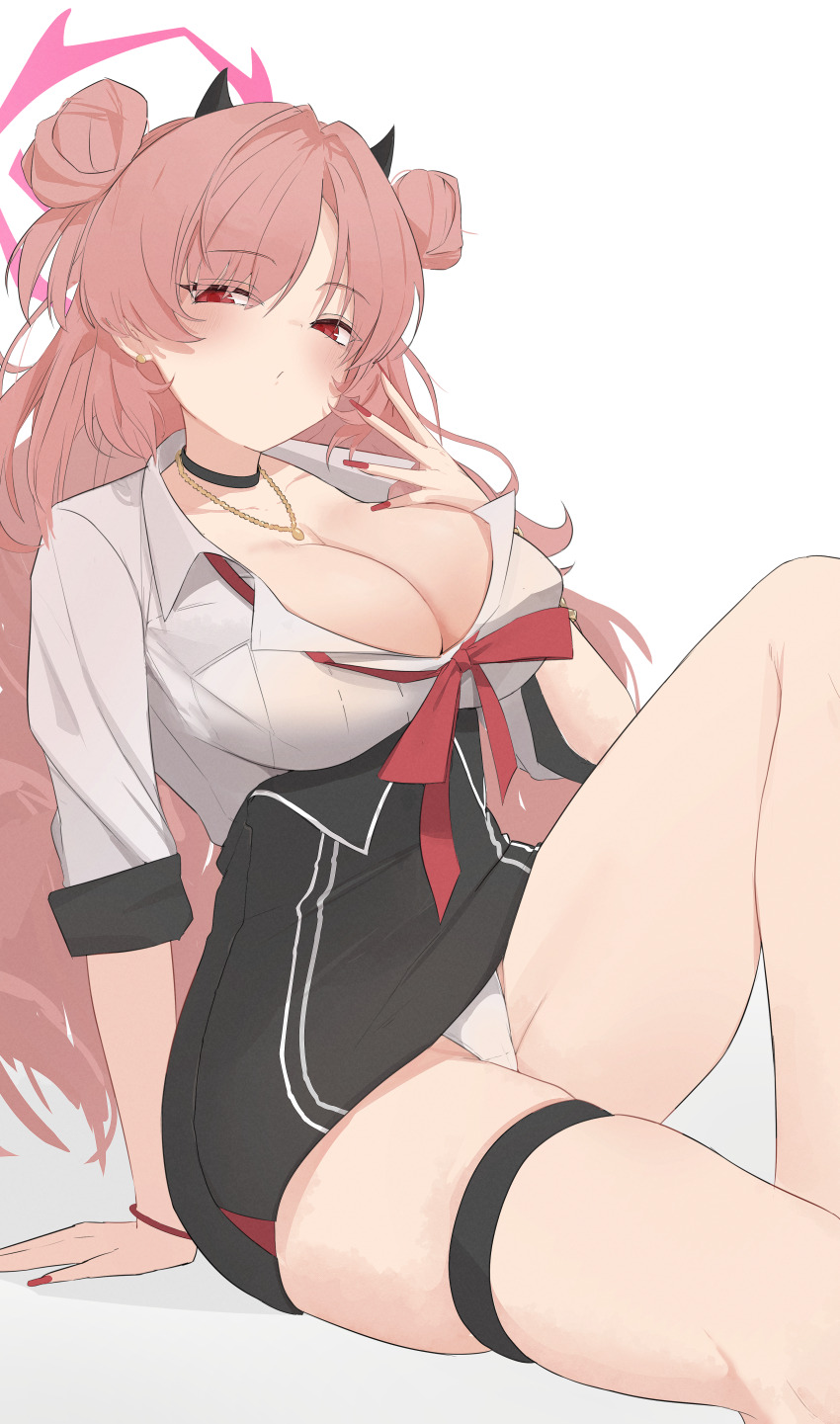 1girl, absurdres, arm_support, black_choker, black_skirt, blue_archive, bracelet, breasts