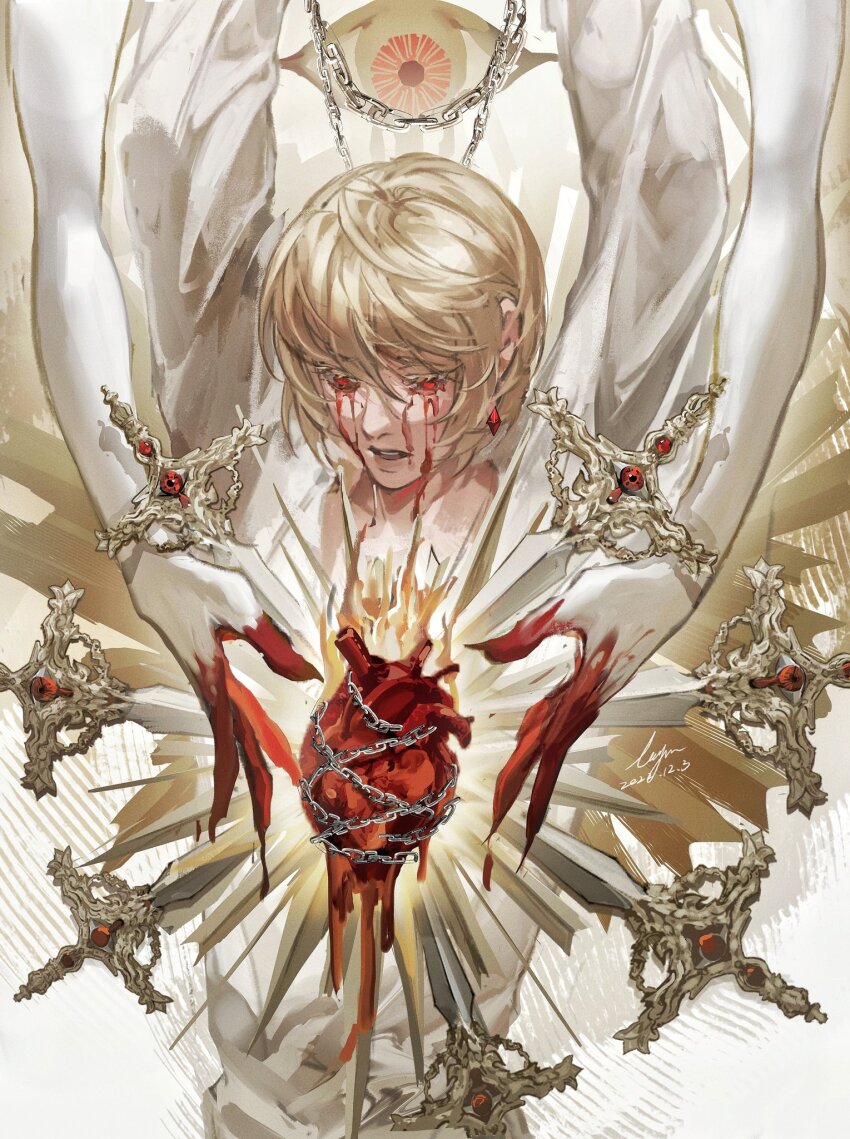 1boy, blonde_hair, blood, blood_on_hands, bloody_tears, chain, chained, golden_hilt, heart_(organ), highres, hunter_x_hunter, kurapika, looking_at_object, louyan_0405, short_hair, solo, stab, sword, sword_hilt, weapon