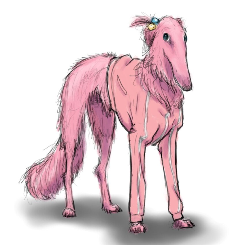 0nasian, 1girl, animal, animal_ears, animalization, bocchi_the_rock!, borzoi, bottomless, dog, dog_ears, dog_girl, dog_tail, gotoh_hitori, hair_bobbles, hair_ornament, highres, jacket, no_humans, pink_hair, pink_jacket, simple_background, tail, track_jacket, white_background