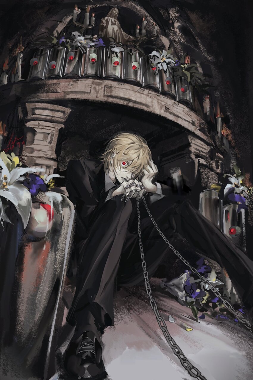 1boy, black_footwear, black_suit, bouquet, business_suit, candle, chain, collared_shirt, eyeball, flower, formal_clothes, highres, hunter_x_hunter, jewelry, kurapika, long_sleeves, looking_at_viewer, louyan_0405, multiple_rings, red_eyes, ring, shirt, solo, statue, suit, white_shirt, wilting