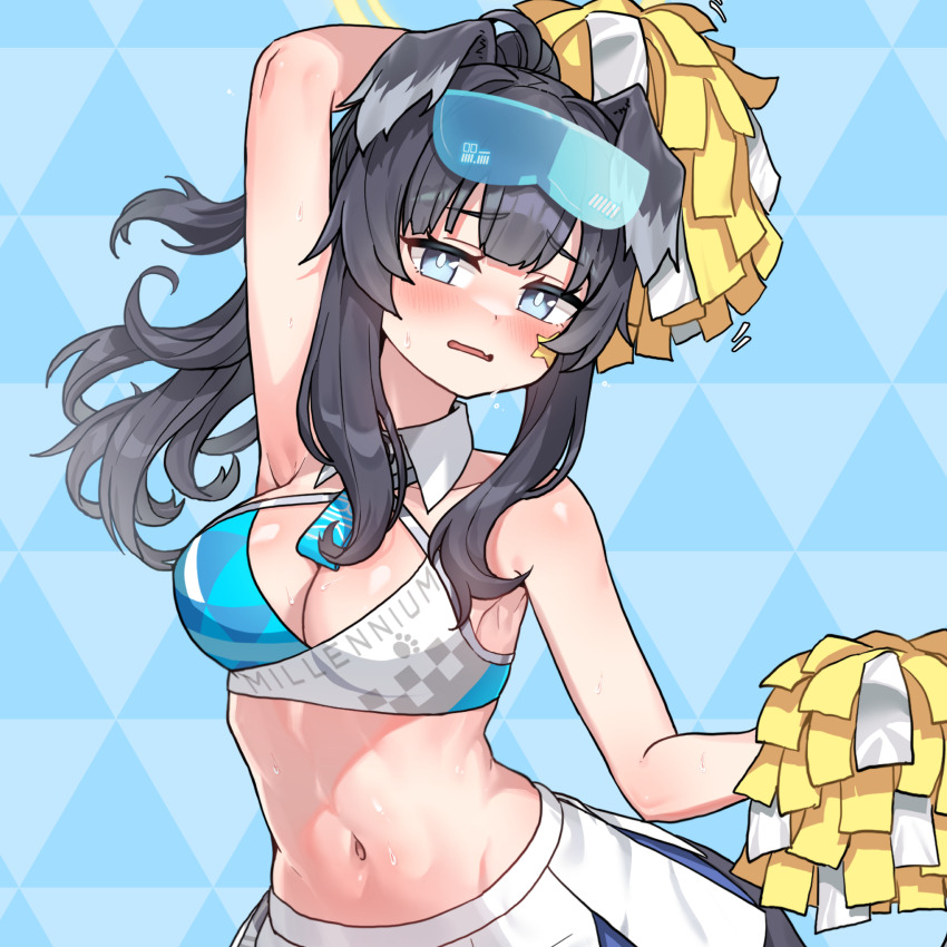 1girl, animal_ears, argyle_background, argyle_clothes, arm_up, armpits, bare_shoulders, black_hair