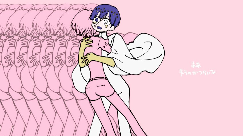 2others, absurdres, afterimage, androgynous, antarcticite, belt, blonde_hair, blue_eyes