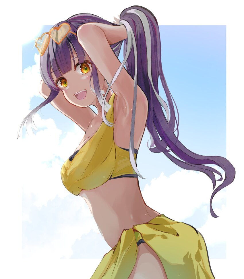 1girl, absurdres, armpits, arms_up, bikini, black_hair, blue_sky, blunt_bangs, cloud, heart, heart-shaped_eyewear, highres, long_hair, looking_at_viewer, multicolored_hair, myrn_gano, nijisanji, ponytail, simple_background, sky, smile, streaked_hair, swimsuit, umise_yotsuha, virtual_youtuber, white_hair, yellow_bikini, yellow_eyes