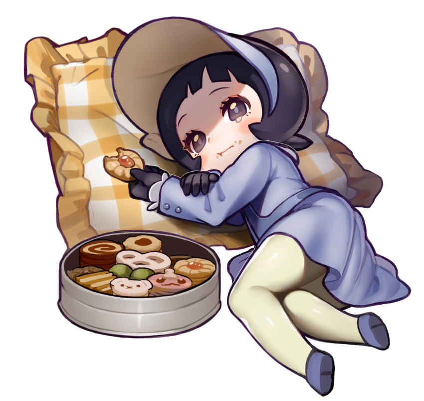 1girl, :t, =_(9_yawbus), biscuit_(bread), black_gloves, black_hair, blunt_bangs, blush
