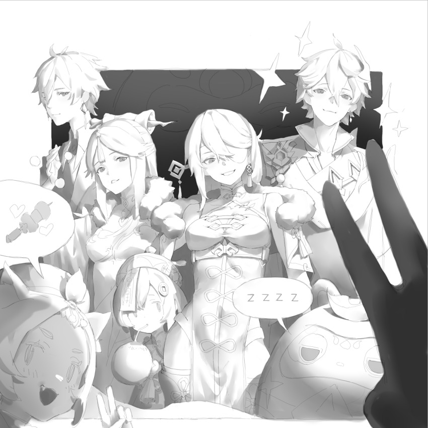 beidou_(genshin_impact), diona_(genshin_impact), genshin_impact, greyscale, group_picture, highres, monochrome, nainainainainaiya