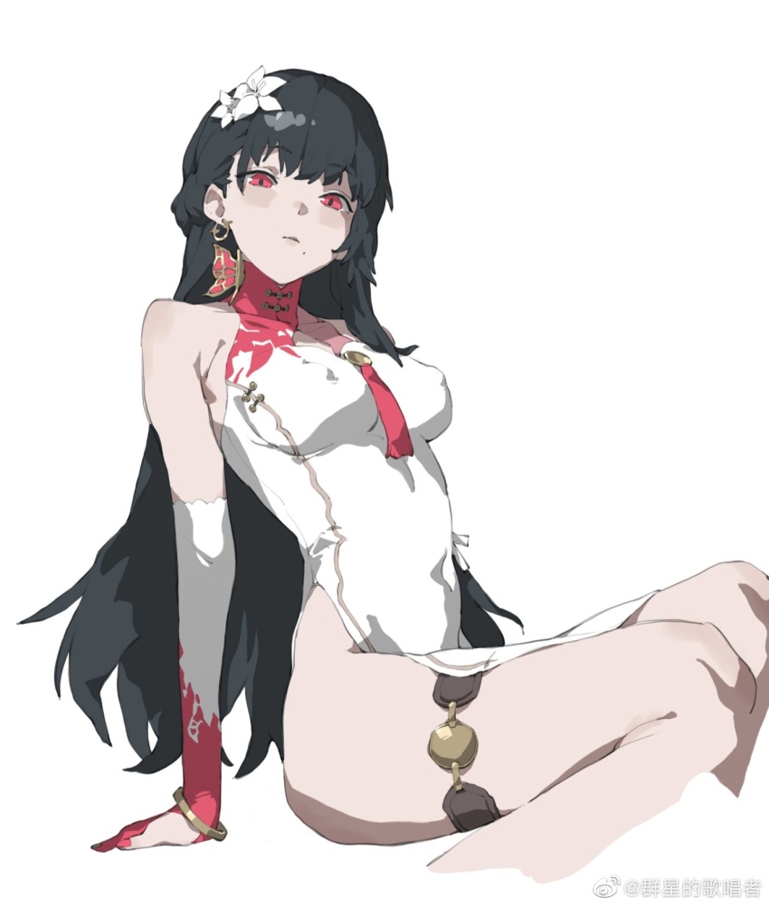 bare_legs, black_hair, bracelet, covered_erect_nipples, covered_navel, earrings, elbow_gloves, gloves