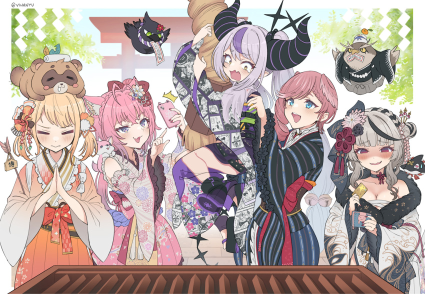 5girls, ahoge, animal_ear_fluff, animal_ears, antenna_hair, arrow_(projectile), bell, black_choker