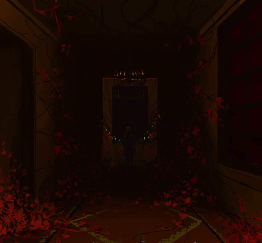 1girl, arms_at_sides, blonde_hair, ceiling, crystal, dark, flandre_scarlet, gloves