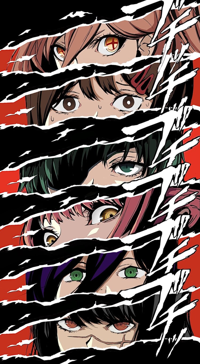 6+girls, black_hair, brown_hair, chainsaw_man, character_name, cross-shaped_pupils, cross_scar, eiji_nochi