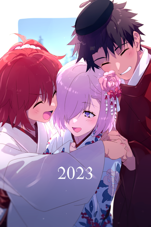 1boy, 2023, 2girls, alternate_costume, black_hair, black_headwear, blue_kimono, closed_eyes