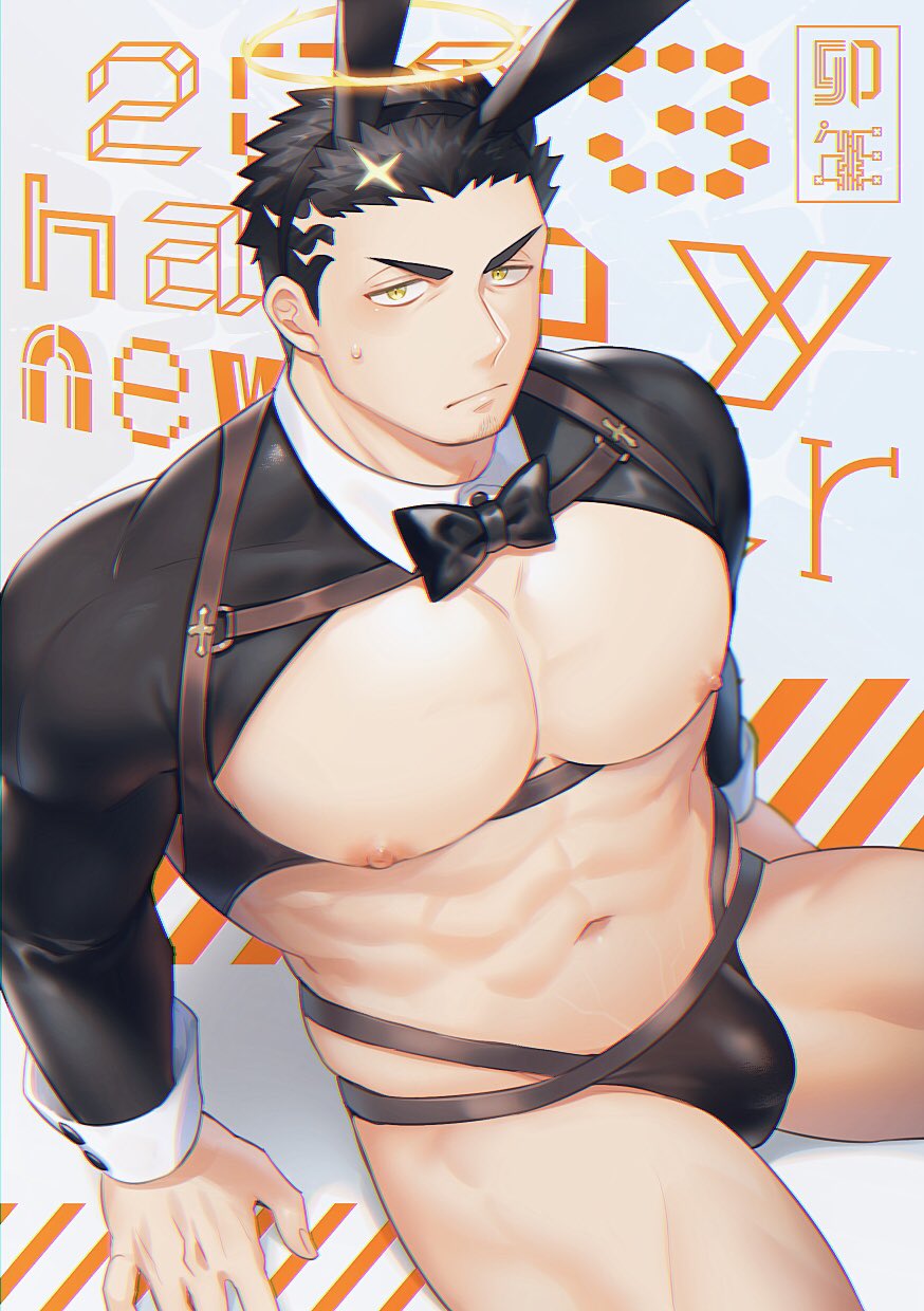 1boy, 2023, abs, animal_ears, bara, black_hair, black_male_underwear, chinese_zodiac