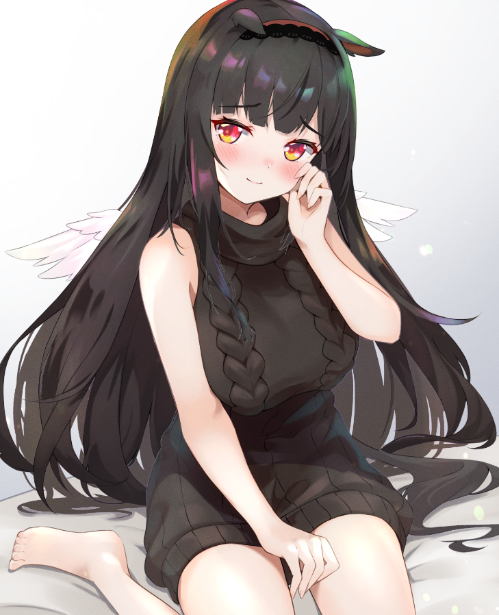 1girl, aletta_sky, animal_ears, black_hair, blush, furrowed_brow, gaia_(aletta_sky), grey_sweater