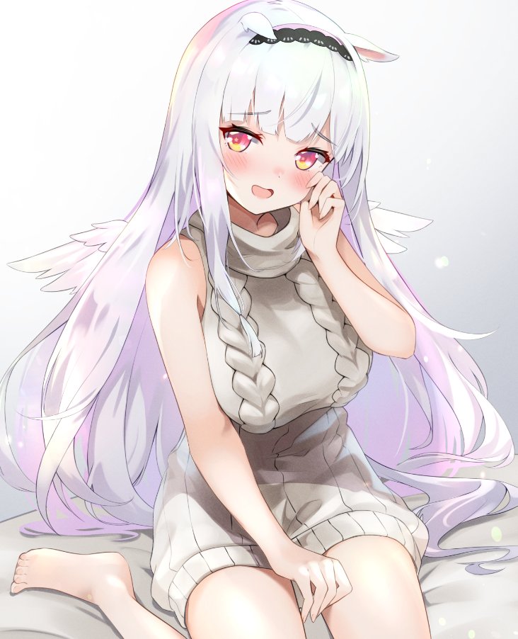 1girl, aletta_sky, animal_ears, blush, furrowed_brow, grey_sweater, hand_on_own_cheek, hand_on_own_face