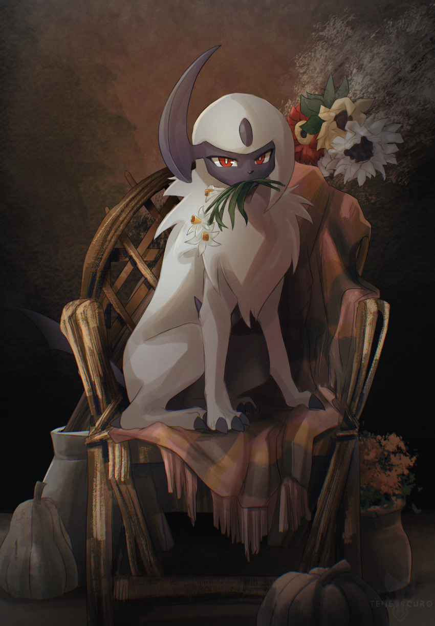 absol, animal_focus, artist_name, blanket, bright_pupils, chair, chromatic_aberration, claws