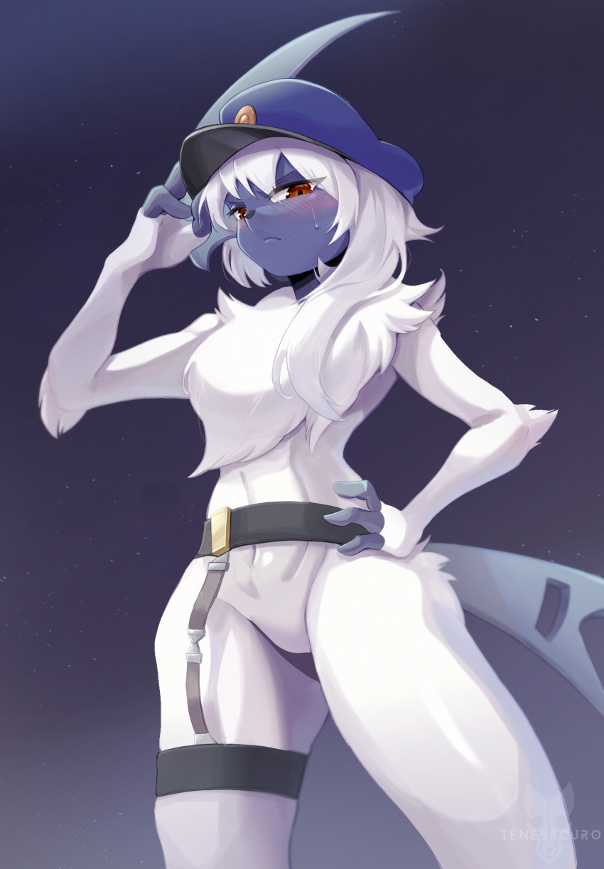 1girl, absol, adjusting_clothes, adjusting_headwear, animal_nose, arm_up, artist_name, belt